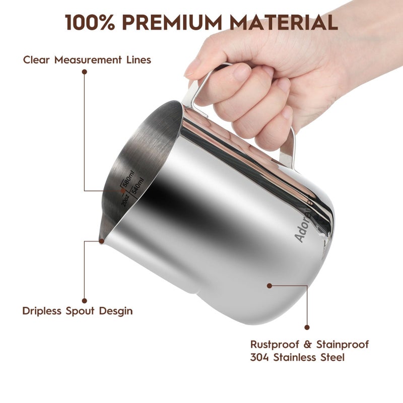 Adorever Milk Frothing Pitcher, 20oz Steaming Pitcher Stainless Steel Espresso Machine Accessories for Coffee Bar, Cappuccino Barista Tools Milk Jug Steamer Frother Cup with Decorating Latte Art Pen - Image 3