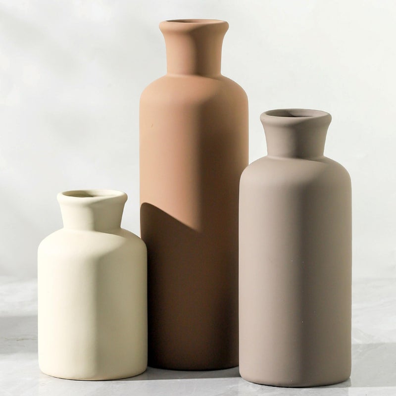 Ceramic Vase Set of 3 Flowers Neutral Modern Vases Home Decor Rustic Farmhouse Decor Pampas Vase for Table Mantel Entryway Shelf Living Room Kitchen Bathroom  Brown