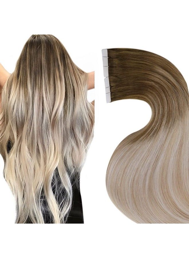 LaaVoo Tape In Hair Extensions Real Human Hair Ombre Light Brown To Ash Blonde Mix Platinum Blonde Balayage Remy Hair Extensions Tape In Human Hair 12 In 20Pcs/30G - Image 1