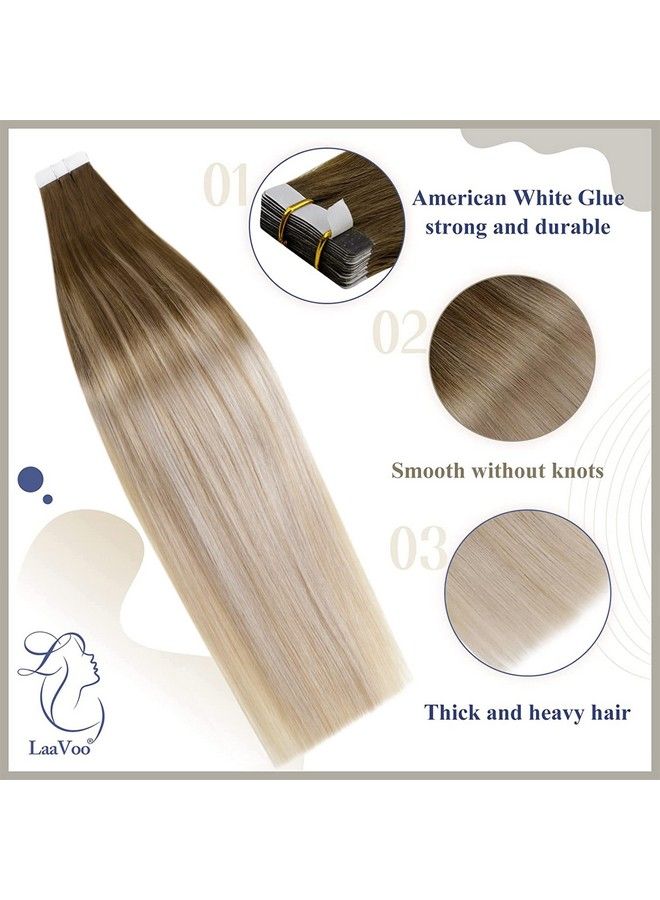 LaaVoo Tape In Hair Extensions Real Human Hair Ombre Light Brown To Ash Blonde Mix Platinum Blonde Balayage Remy Hair Extensions Tape In Human Hair 12 In 20Pcs/30G - Image 3