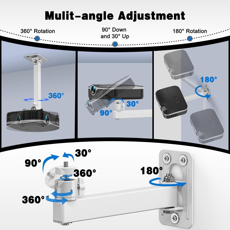 BAISHUN Projector Stand, Wall and Mini Ceiling Mount with 1/4-Inch Thread, 360-degree Rotation, Adjustable Tilt & Swivel, Foldable, Easy Setup Compatible with Most Projectors for Home, Office, White - Image 4