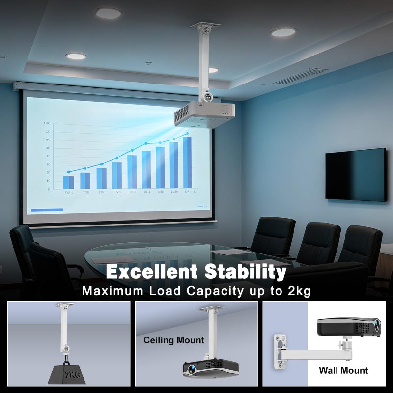 BAISHUN Projector Stand, Wall and Mini Ceiling Mount with 1/4-Inch Thread, 360-degree Rotation, Adjustable Tilt & Swivel, Foldable, Easy Setup Compatible with Most Projectors for Home, Office, White - Image 5