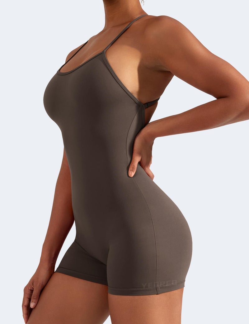 YEOREO Backless Tummy Control Jumpsuits for Women One Piece Workout Jumpsuits Sleeveless V Back Lizvette Scrunch Yoga Rompers Coffee S - Image 3