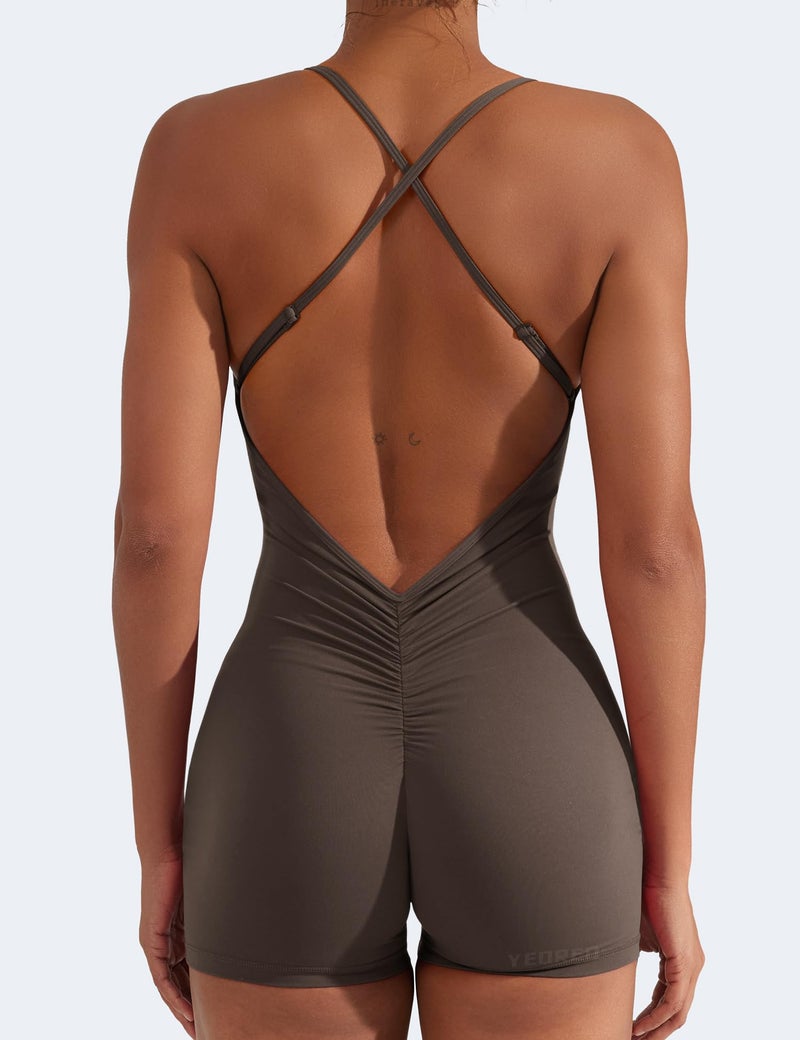 YEOREO Backless Tummy Control Jumpsuits for Women One Piece Workout Jumpsuits Sleeveless V Back Lizvette Scrunch Yoga Rompers Coffee S - Image 5