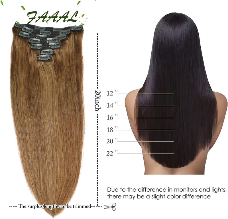 FAAAL 14" Clip in Human Hair Extensions Full Head 110g 7 Pieces 16 Clips 8# Light Brown Double Weft Brazilian Real Remy Hair Extensions Thick Straight Silky (14" 110g, Light Brown) - Image 5