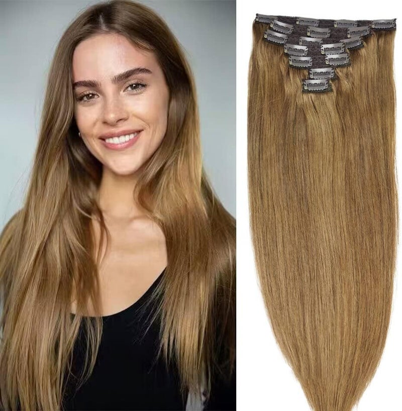 FAAAL 14" Clip in Human Hair Extensions Full Head 110g 7 Pieces 16 Clips 8# Light Brown Double Weft Brazilian Real Remy Hair Extensions Thick Straight Silky (14" 110g, Light Brown) - Image 1