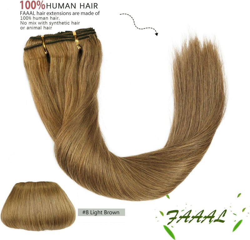 FAAAL 14" Clip in Human Hair Extensions Full Head 110g 7 Pieces 16 Clips 8# Light Brown Double Weft Brazilian Real Remy Hair Extensions Thick Straight Silky (14" 110g, Light Brown) - Image 2