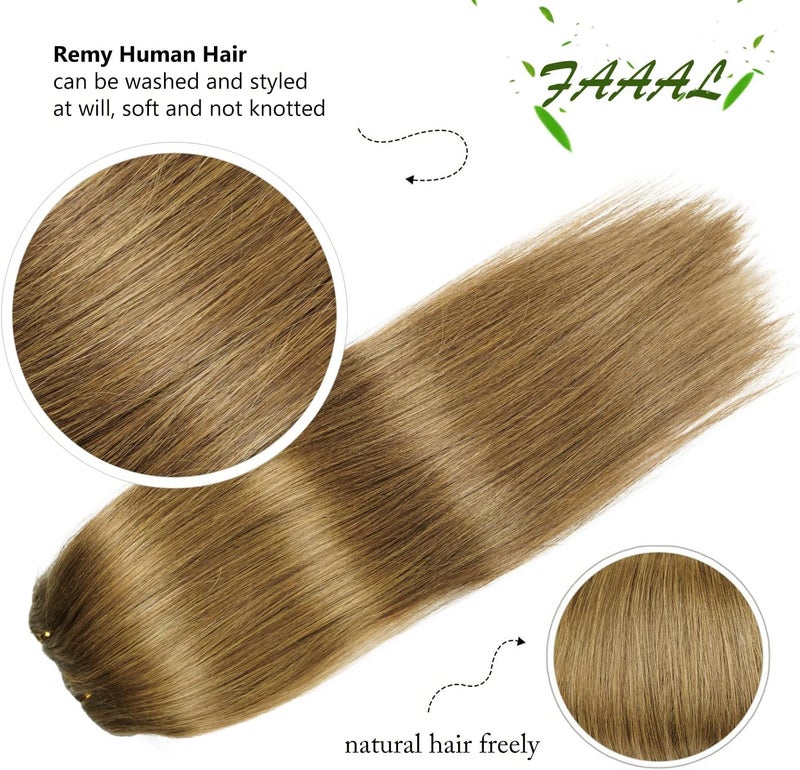 FAAAL 14" Clip in Human Hair Extensions Full Head 110g 7 Pieces 16 Clips 8# Light Brown Double Weft Brazilian Real Remy Hair Extensions Thick Straight Silky (14" 110g, Light Brown) - Image 3