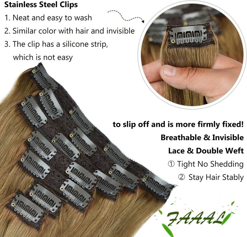 FAAAL 14" Clip in Human Hair Extensions Full Head 110g 7 Pieces 16 Clips 8# Light Brown Double Weft Brazilian Real Remy Hair Extensions Thick Straight Silky (14" 110g, Light Brown) - Image 4