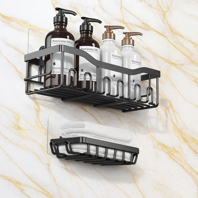 Boniry 2 in 1 Bathroom Organiser Without Drill | Rustproof Bathroom Shelves with Soap Holder | No-Drill Adhesive Bathroom Rack Set for Bathroom, Kitchen (Matte Black) - Image 1