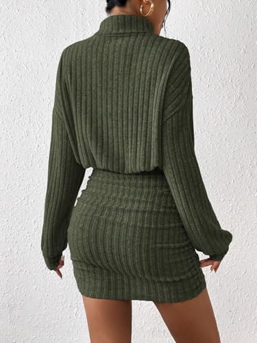 HBQ Women's Pullover Sweater Dress Long Lantern Sleeve Turtle Neck Cute Ribbed Knit Bodycon Mini Short Dress 2025 Fall-Green-L - Image 3