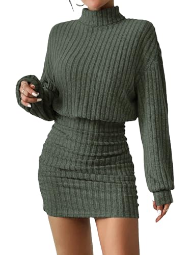 HBQ Women's Pullover Sweater Dress Long Lantern Sleeve Turtle Neck Cute Ribbed Knit Bodycon Mini Short Dress 2025 Fall-Green-L - Image 1