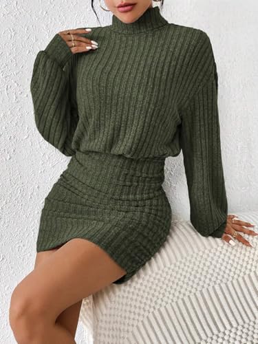 HBQ Women's Pullover Sweater Dress Long Lantern Sleeve Turtle Neck Cute Ribbed Knit Bodycon Mini Short Dress 2025 Fall-Green-L - Image 4