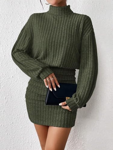 HBQ Women's Pullover Sweater Dress Long Lantern Sleeve Turtle Neck Cute Ribbed Knit Bodycon Mini Short Dress 2025 Fall-Green-L - Image 2