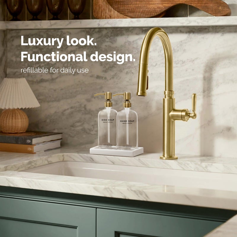 Vine Creations Glass Soap Dispenser Set, Kitchen Soap Dispenser Set with Ceramic Tray, 16 oz Dish Soap and Hand Soap Dispensers with Stainless Steel Pump Decor (Clear Bottle/Brushed Brass) - Image 3