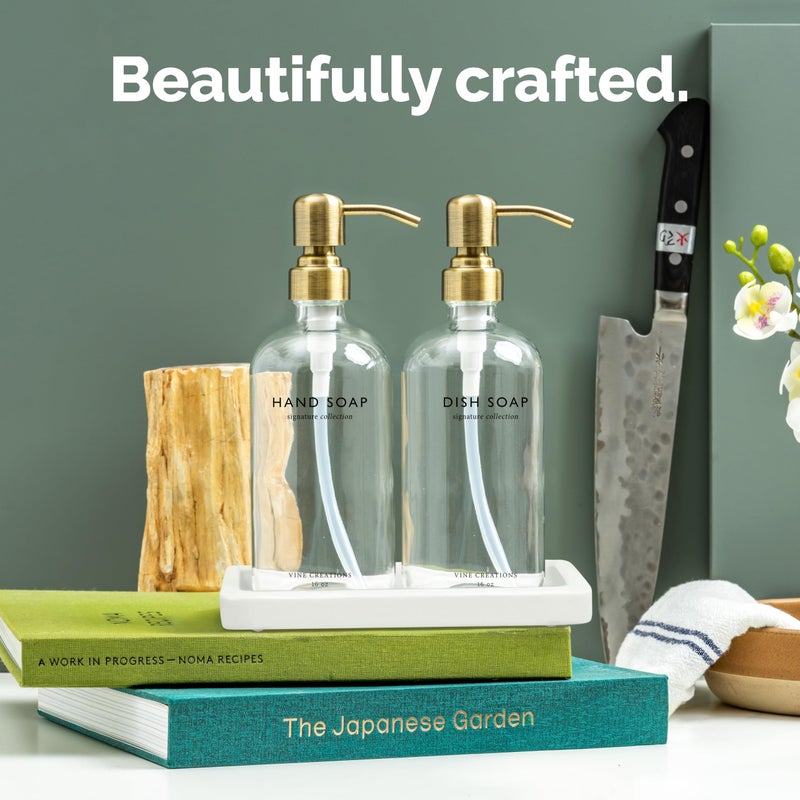 Vine Creations Glass Soap Dispenser Set, Kitchen Soap Dispenser Set with Ceramic Tray, 16 oz Dish Soap and Hand Soap Dispensers with Stainless Steel Pump Decor (Clear Bottle/Brushed Brass) - Image 2