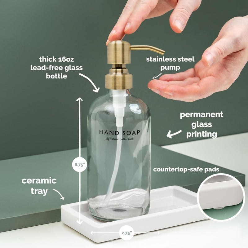 Vine Creations Glass Soap Dispenser Set, Kitchen Soap Dispenser Set with Ceramic Tray, 16 oz Dish Soap and Hand Soap Dispensers with Stainless Steel Pump Decor (Clear Bottle/Brushed Brass) - Image 4