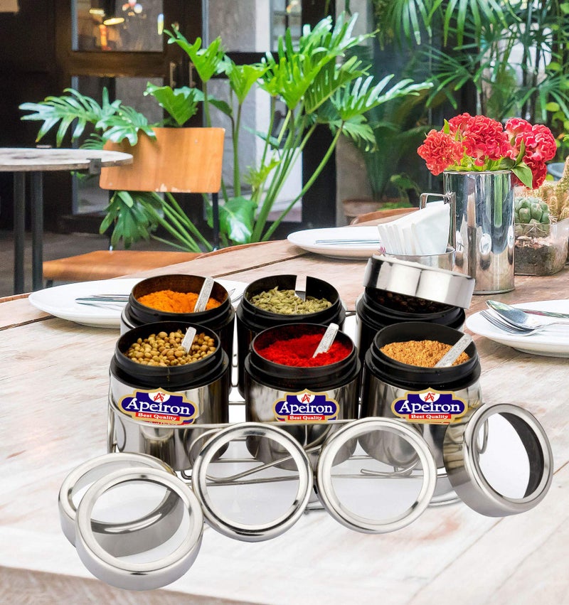 Apeiron Stainless Steel Masala/Multipurpose Dabba with Wire Stand and Spoon (Pack of 6) - Image 1