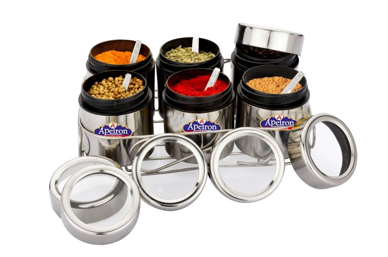 Apeiron Stainless Steel Masala/Multipurpose Dabba with Wire Stand and Spoon (Pack of 6) - Image 4