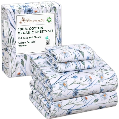 RUVANTI 100 Cotton Organic Percale Sheets Full Size Crisp Cooling Bed Sheets for Hot Sleepers Deep Pocket 15 Soft Peach Finish Breathable Durable HotelStyle 4 Pcs Daisy Bud - Image 1