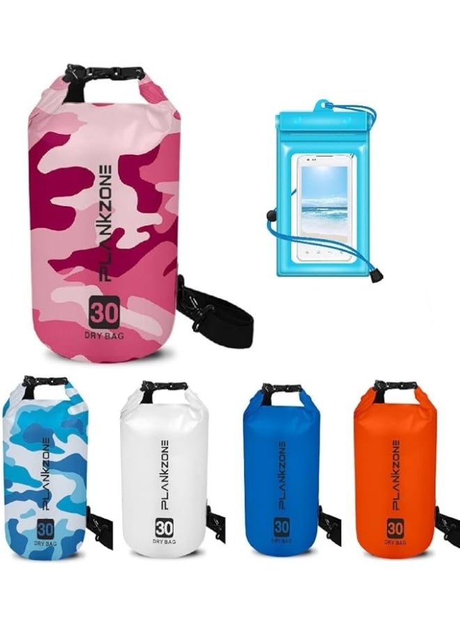 Plankzone Waterproof Dry Bag Roll Top Compression Sack, 30L, Pink, Lightweight, Foldable, with Floating Waterproof Phone Pouch, for Kayaking, Beach, Rafting, Boating, Hiking, Camping, Fishing - Image 1