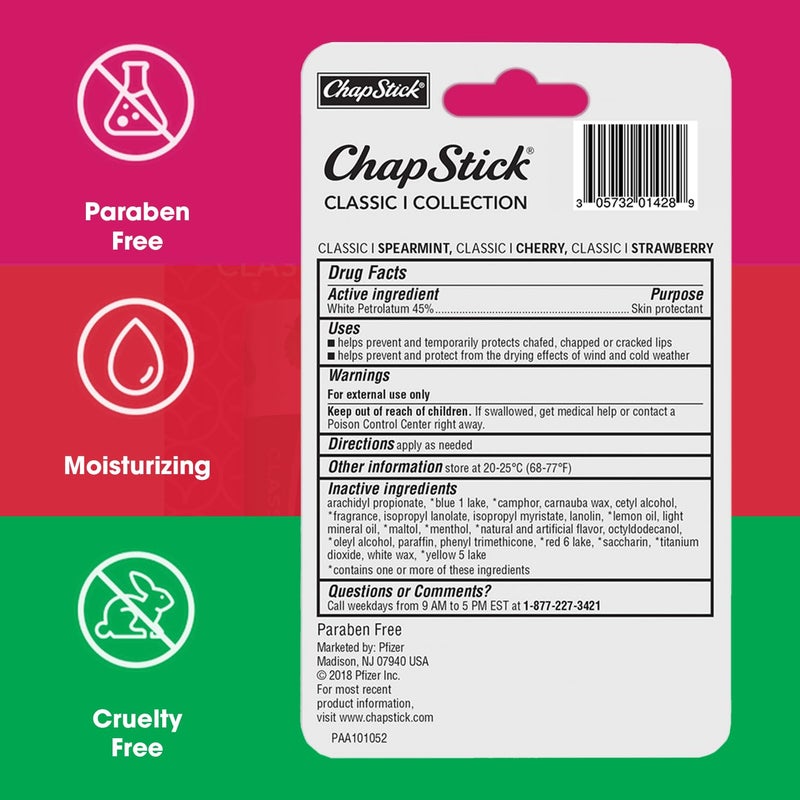 Chapstick 3 Pack CherryStrawberrySpearmint Classic 3 Sticks Cherry Strawberry Spearmint Flavor Skin Protectant Flavored Lip Balm Tube 015 Ounce Each - Image 2
