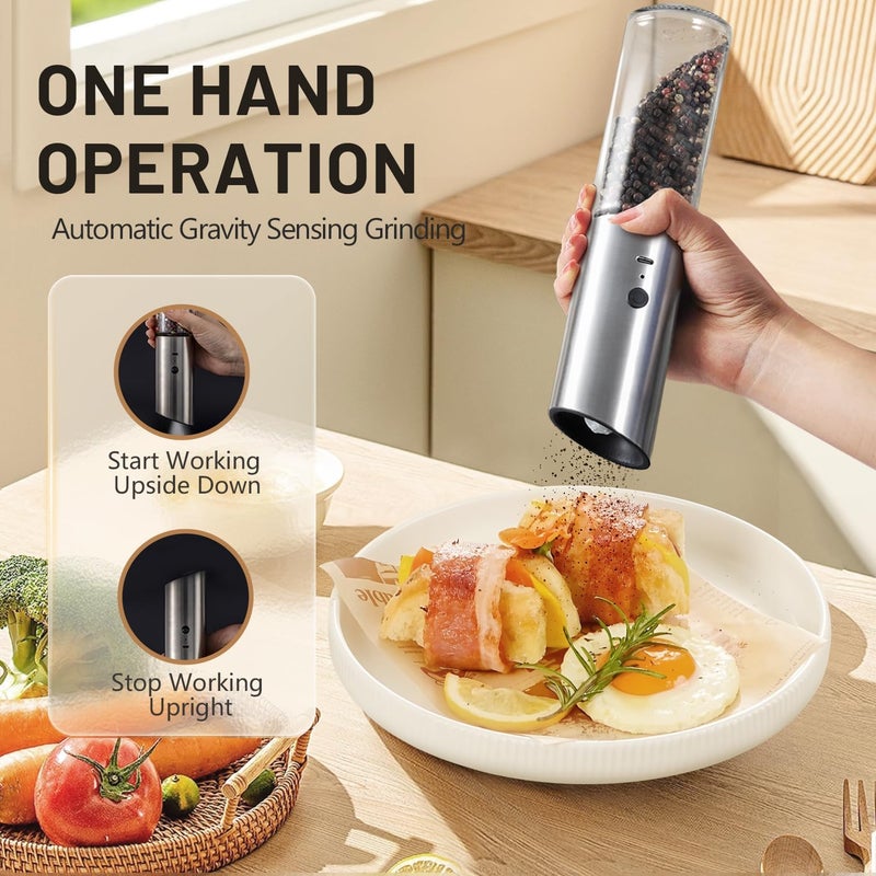 Solisifime Gravity Electric Salt and Pepper Grinder Set, USB Rechargeable Stainless Steel Mills with Large Capacity Tall Glass, LED Light, Adjustable Coarseness, Ideal for Kitchen and Dining(2PCS) - Image 2
