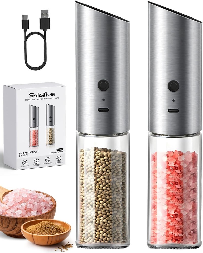 Solisifime Gravity Electric Salt and Pepper Grinder Set, USB Rechargeable Stainless Steel Mills with Large Capacity Tall Glass, LED Light, Adjustable Coarseness, Ideal for Kitchen and Dining(2PCS) - Image 1