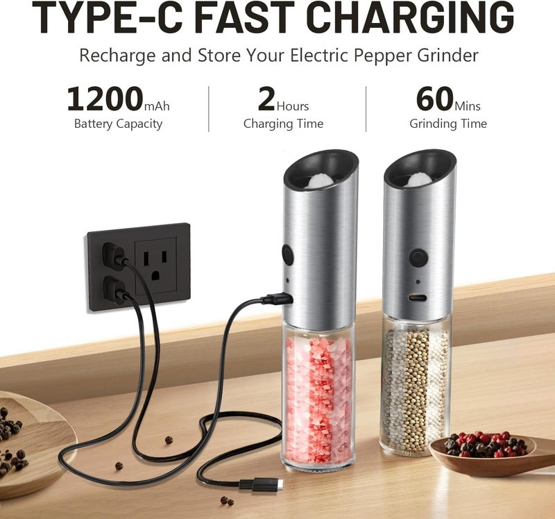 Solisifime Gravity Electric Salt and Pepper Grinder Set, USB Rechargeable Stainless Steel Mills with Large Capacity Tall Glass, LED Light, Adjustable Coarseness, Ideal for Kitchen and Dining(2PCS) - Image 4