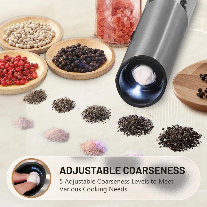 Solisifime Gravity Electric Salt and Pepper Grinder Set, USB Rechargeable Stainless Steel Mills with Large Capacity Tall Glass, LED Light, Adjustable Coarseness, Ideal for Kitchen and Dining(2PCS) - Image 5