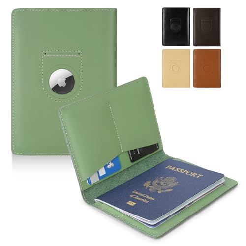 Kicoroiny Full Grain Leather AirTag Passport Holder Wallet Cover for Men and Women Travel, Passport Holder with AirTag Slot Passport Wallet, Travel Essentials Genuine Leather Passport Cover Gifts (Green) - Image 1