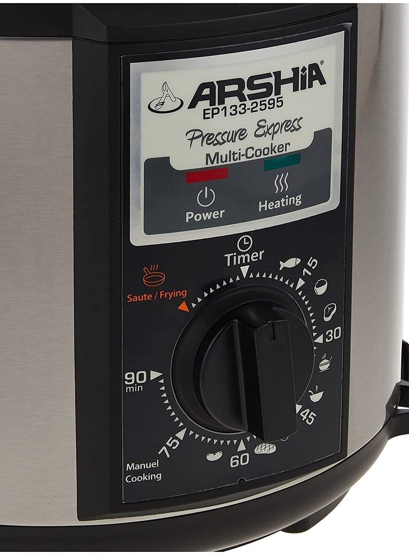 آرشيا طباخ أرشيا متعدد الطهي بالضغط السريع سعة 6 لتر ، 1000 وات من الفولاذ المقاوم للصدأ / أسود ، غير قابل للالتصاق - Image 2
