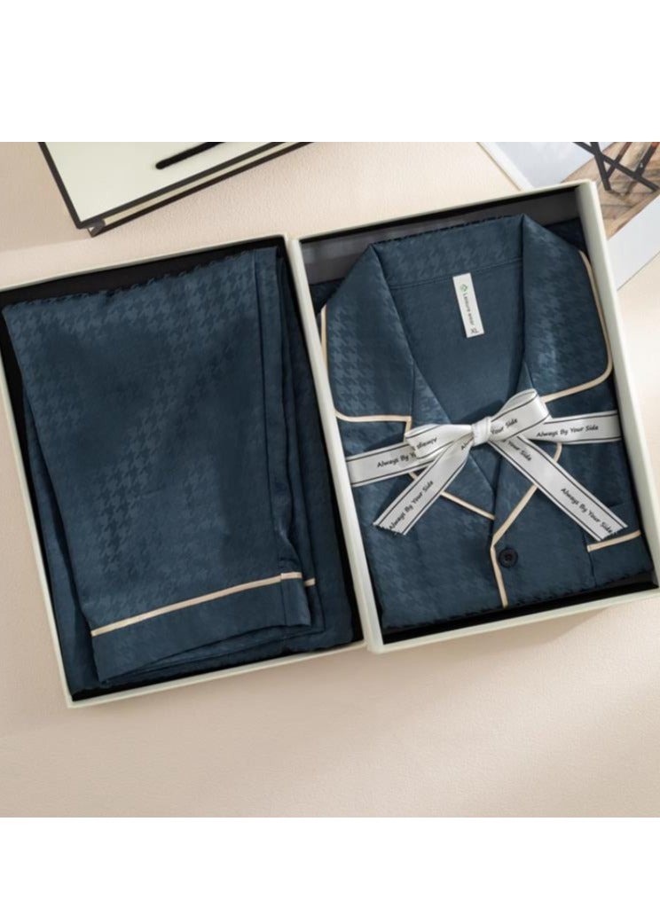 MIIOW Men's Sleepwear, New Silk High-End Style, Thousand Bird Grid Home Clothing Gift Box, Short Sleeved+Shorts+Pants - Image 2