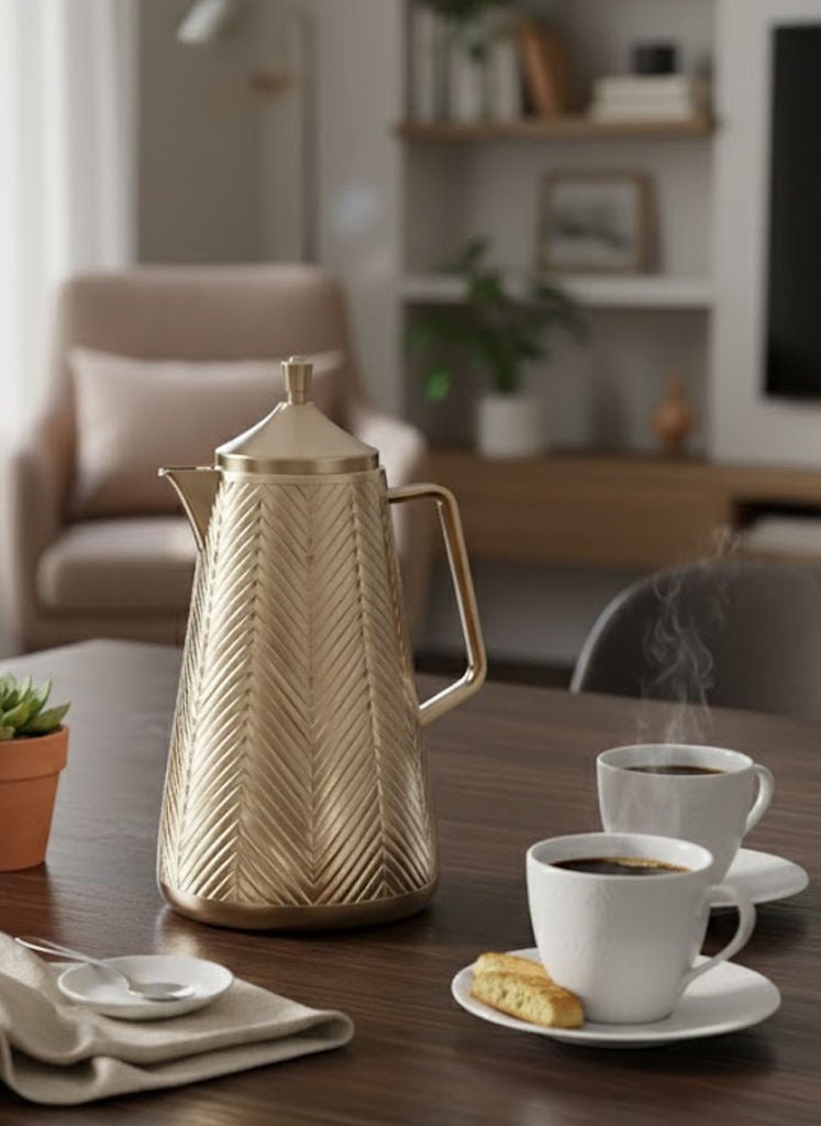 GAZELLA Plastic Tea/Coffee Flask 1 Liter Gold with Borosilicate Glass Inside - Image 1