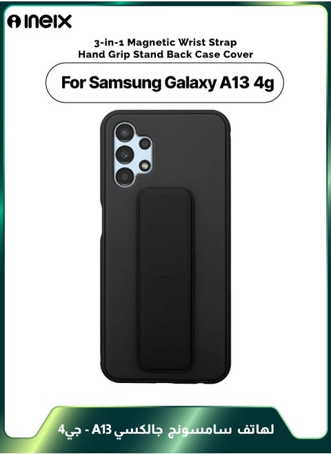 3-in-1 Magnetic Wrist Strap Hand Grip Stand Back Case Cover for Samsung Galaxy A13 4G-Black