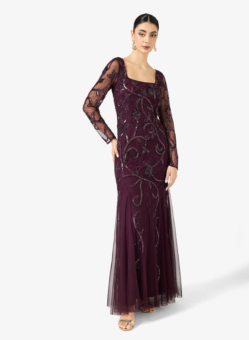 Adrianna Papell Embellished Mesh Sleeve Maxi Dress - Image 4