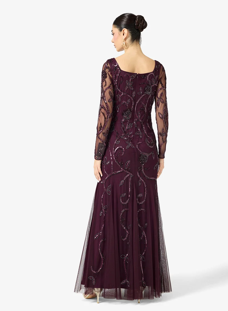 Adrianna Papell Embellished Mesh Sleeve Maxi Dress