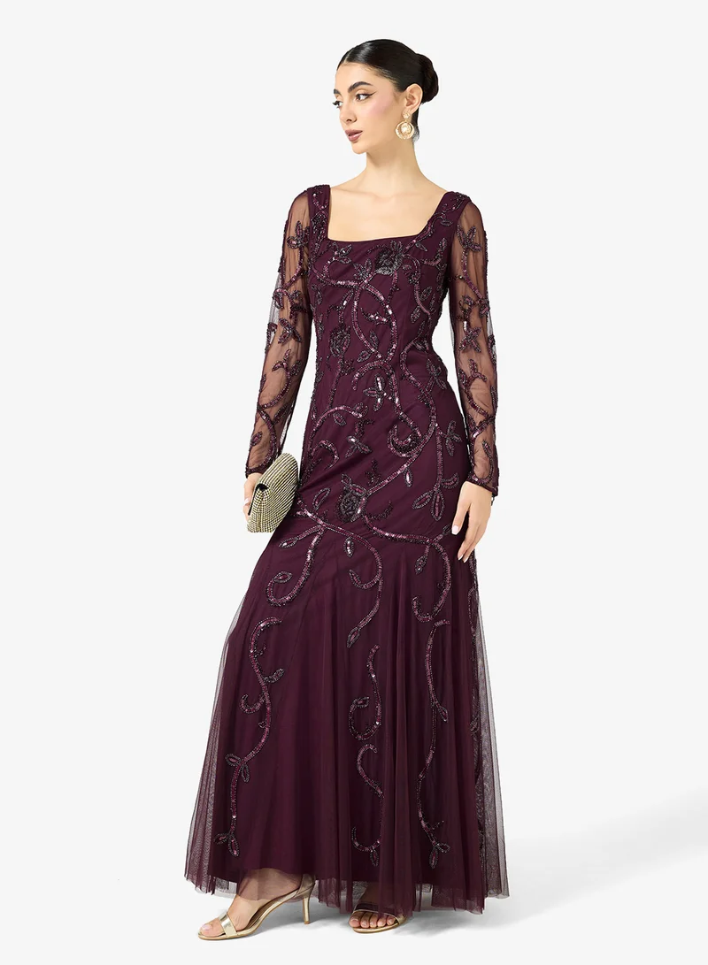 Adrianna Papell Embellished Mesh Sleeve Maxi Dress
