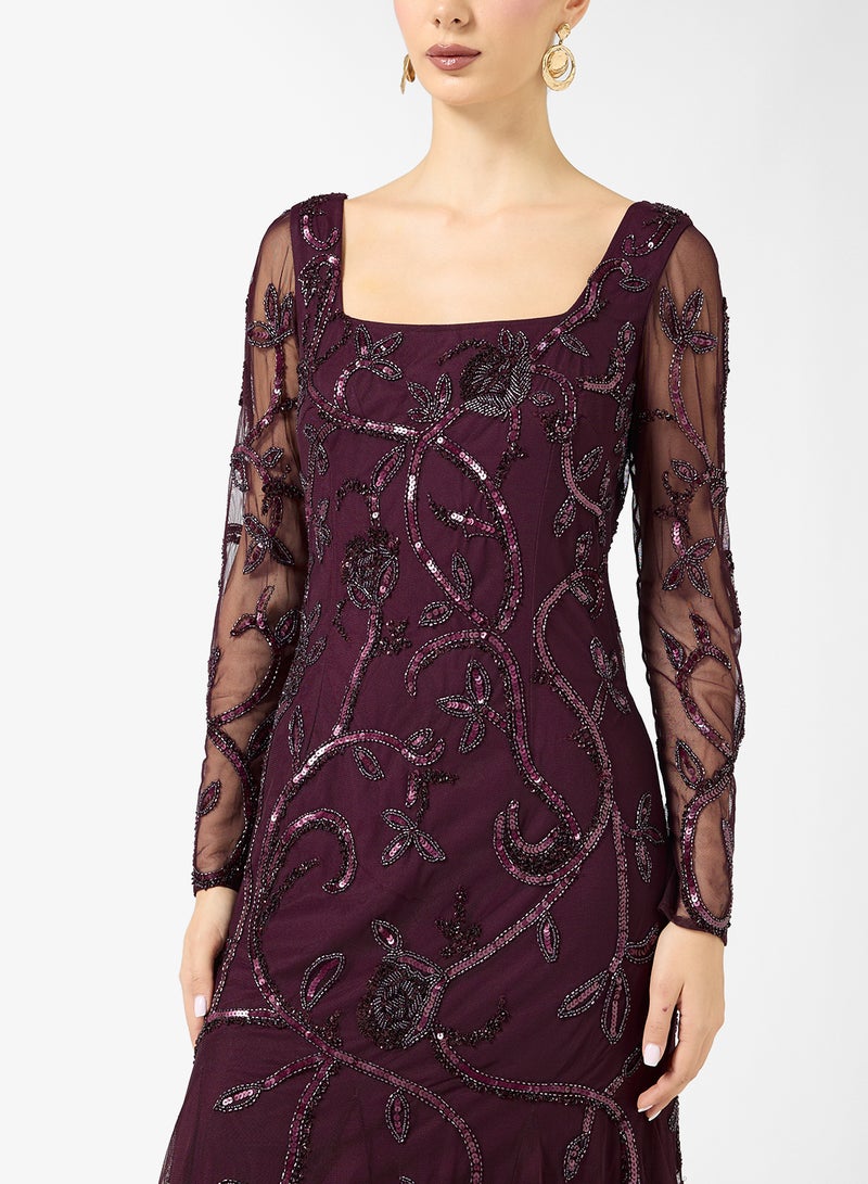 Adrianna Papell Embellished Mesh Sleeve Maxi Dress - Image 3