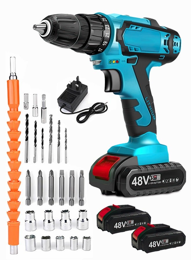 ALongDeng 48V Cordless Drill Set Power Drill Kit with 2 Pcs Battery 25 Position 2 Variable Speed 3/8'' Keyless Chuck Fast Charger and 24 Pcs Accessories with Case - Image 1