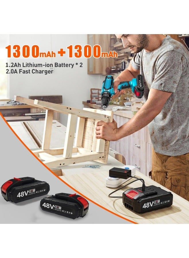 ALongDeng 48V Cordless Drill Set Power Drill Kit with 2 Pcs Battery 25 Position 2 Variable Speed 3/8'' Keyless Chuck Fast Charger and 24 Pcs Accessories with Case - Image 2