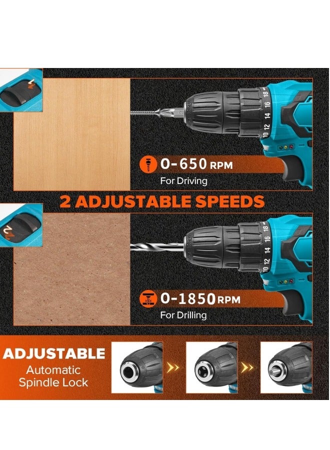 ALongDeng 48V Cordless Drill Set Power Drill Kit with 2 Pcs Battery 25 Position 2 Variable Speed 3/8'' Keyless Chuck Fast Charger and 24 Pcs Accessories with Case - Image 4