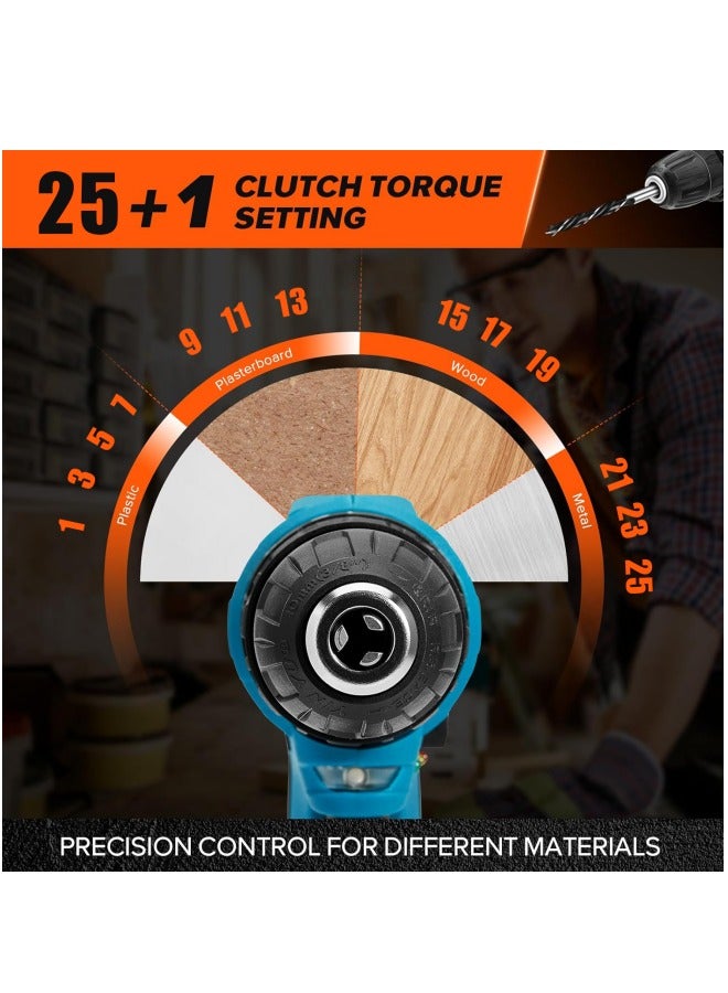 ALongDeng 48V Cordless Drill Set Power Drill Kit with 2 Pcs Battery 25 Position 2 Variable Speed 3/8'' Keyless Chuck Fast Charger and 24 Pcs Accessories with Case - Image 3