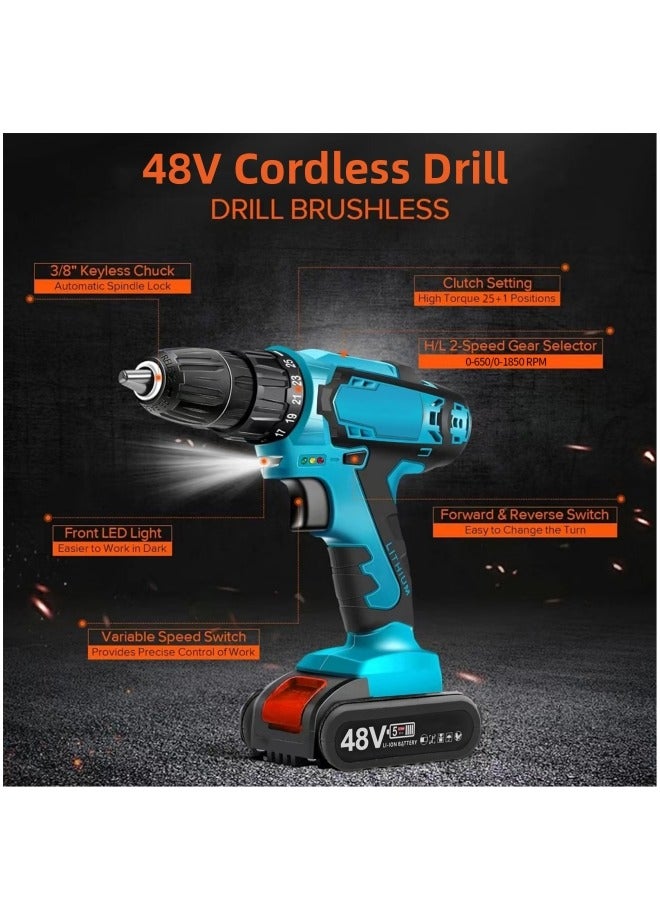 ALongDeng 48V Cordless Drill Set Power Drill Kit with 2 Pcs Battery 25 Position 2 Variable Speed 3/8'' Keyless Chuck Fast Charger and 24 Pcs Accessories with Case - Image 5