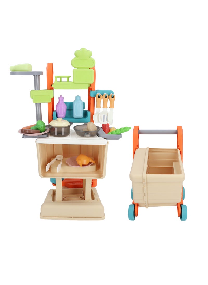Velaurs Kids Kitchen Toy Set Simulation Counter Shopping Cart Assembly Food Cooking Table Pretend Kit  - Image 1