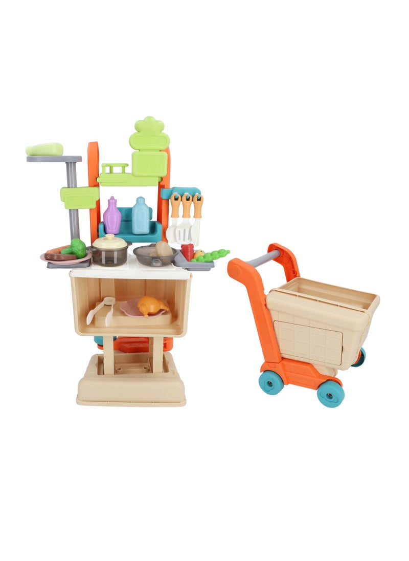 Velaurs Kids Kitchen Toy Set Simulation Counter Shopping Cart Assembly Food Cooking Table Pretend Kit  - Image 3
