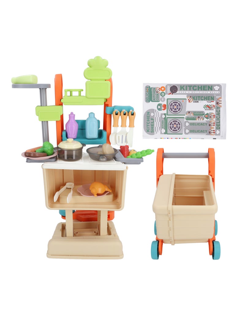 Velaurs Kids Kitchen Toy Set Simulation Counter Shopping Cart Assembly Food Cooking Table Pretend Kit  - Image 4