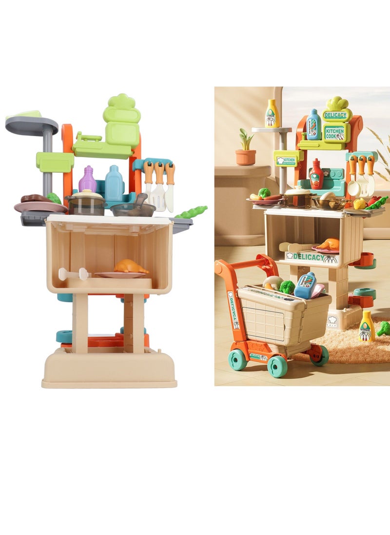 Velaurs - Kids Kitchen Toy Set Simulation Counter Shopping Cart Assembly Food Cooking Table Pretend Kit - Image 1
