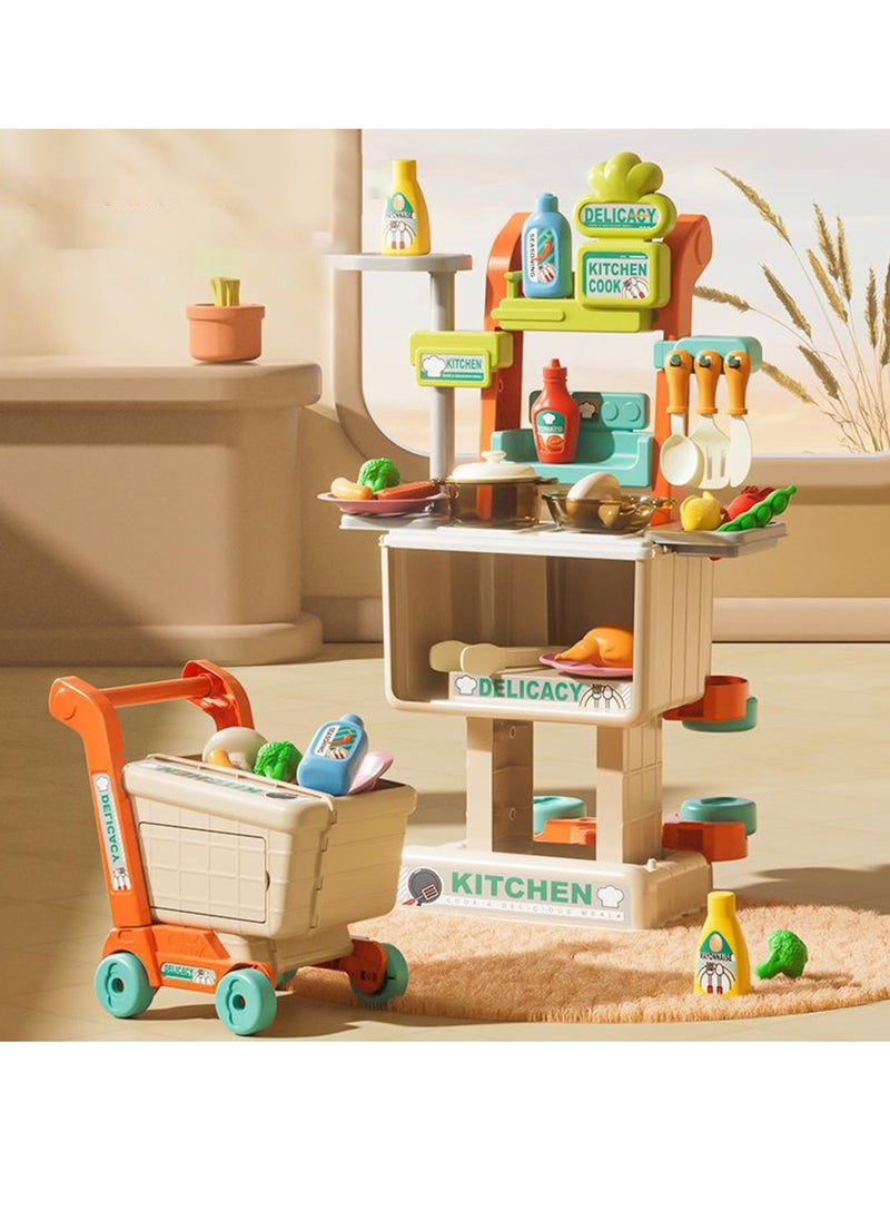 Velaurs - Kids Kitchen Toy Set Simulation Counter Shopping Cart Assembly Food Cooking Table Pretend Kit - Image 1