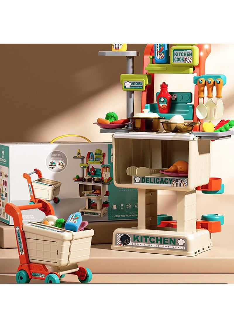 Velaurs - Kids Kitchen Toy Set Simulation Counter Shopping Cart Assembly Food Cooking Table Pretend Kit - Image 1